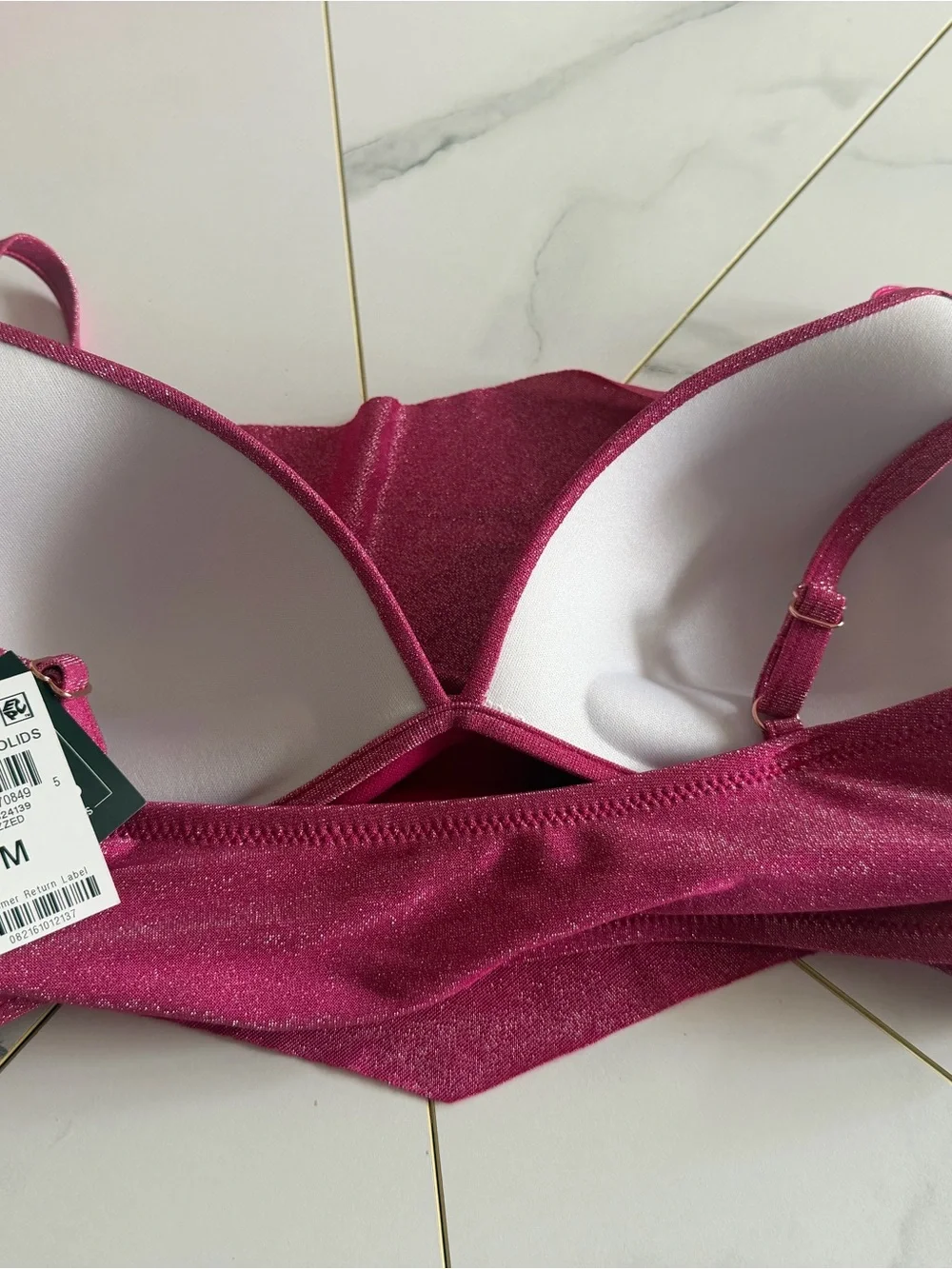 Macy’s NWT sparkly pink bikini top/ swimwear with open back and cowl neck size M